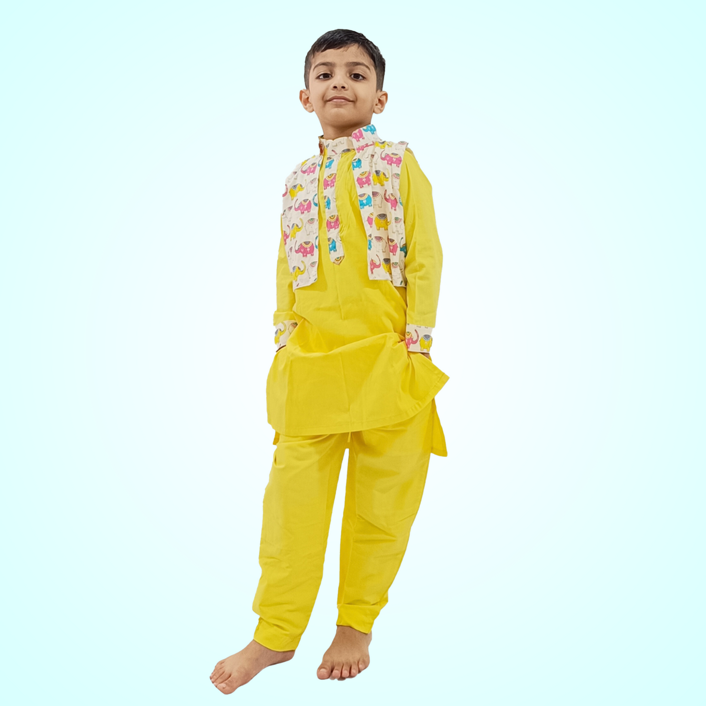 Kurta Set With Printed Jacket Animal Print - Yellow image 1