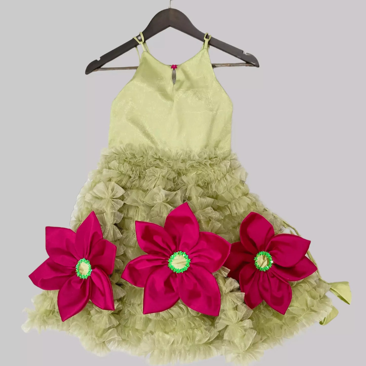 Green Flayered Frock With Pink Flowers Embellished image 3