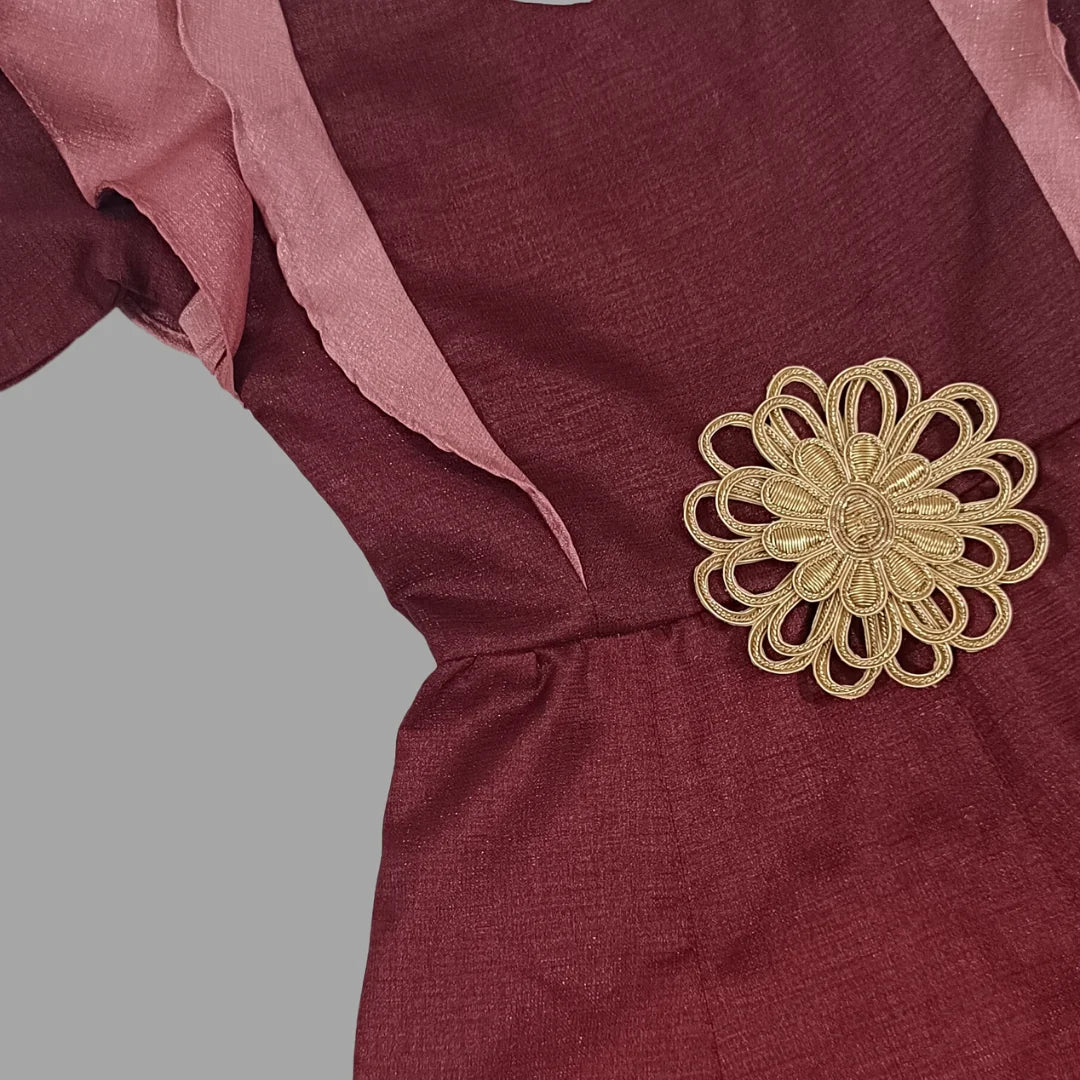 Maroon Long Gown With Flower Embellished On Sleeves For Girls image 3