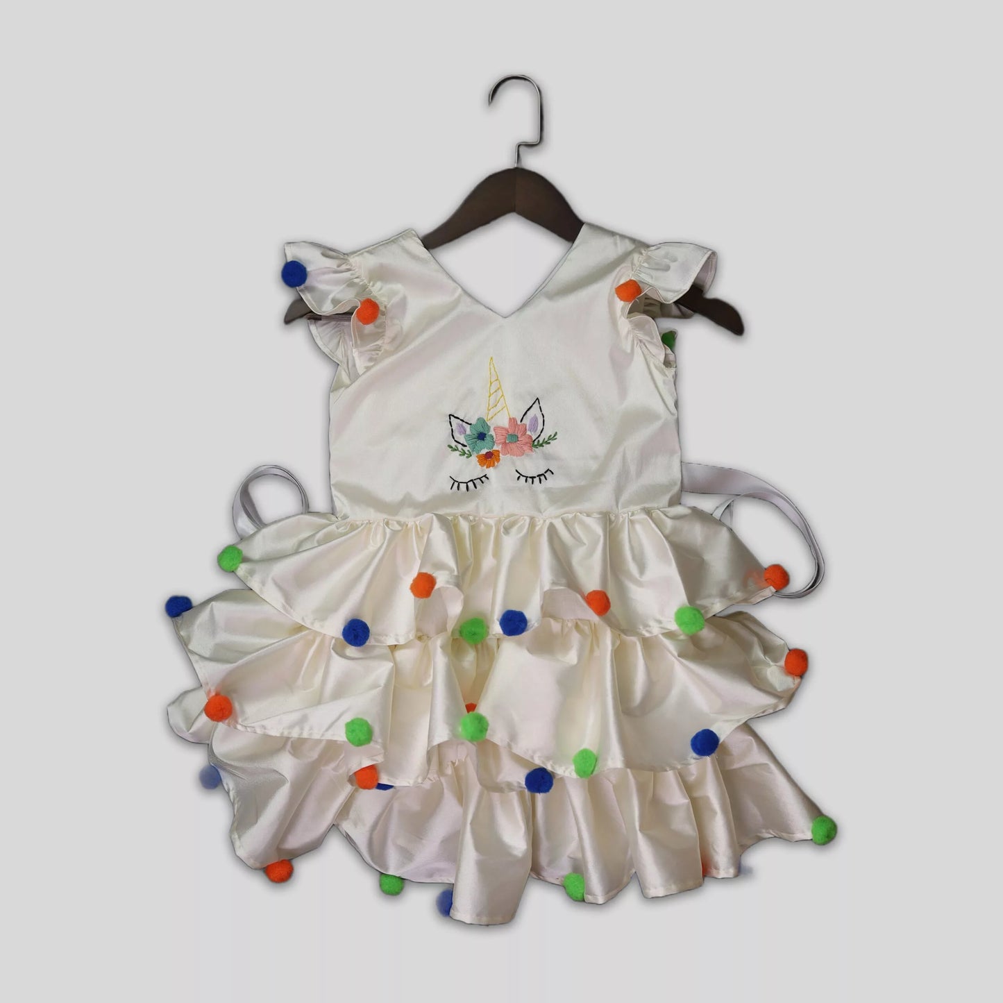 Hand Embroidered Unicorn Ruffle Layered White Frock image 3