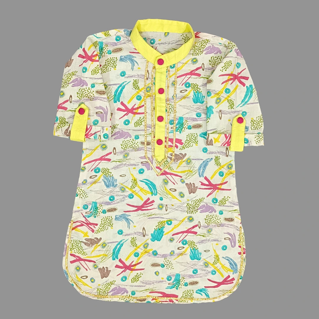 Cotton Printed Yellow Dhoti And Kurta For Boys image 1