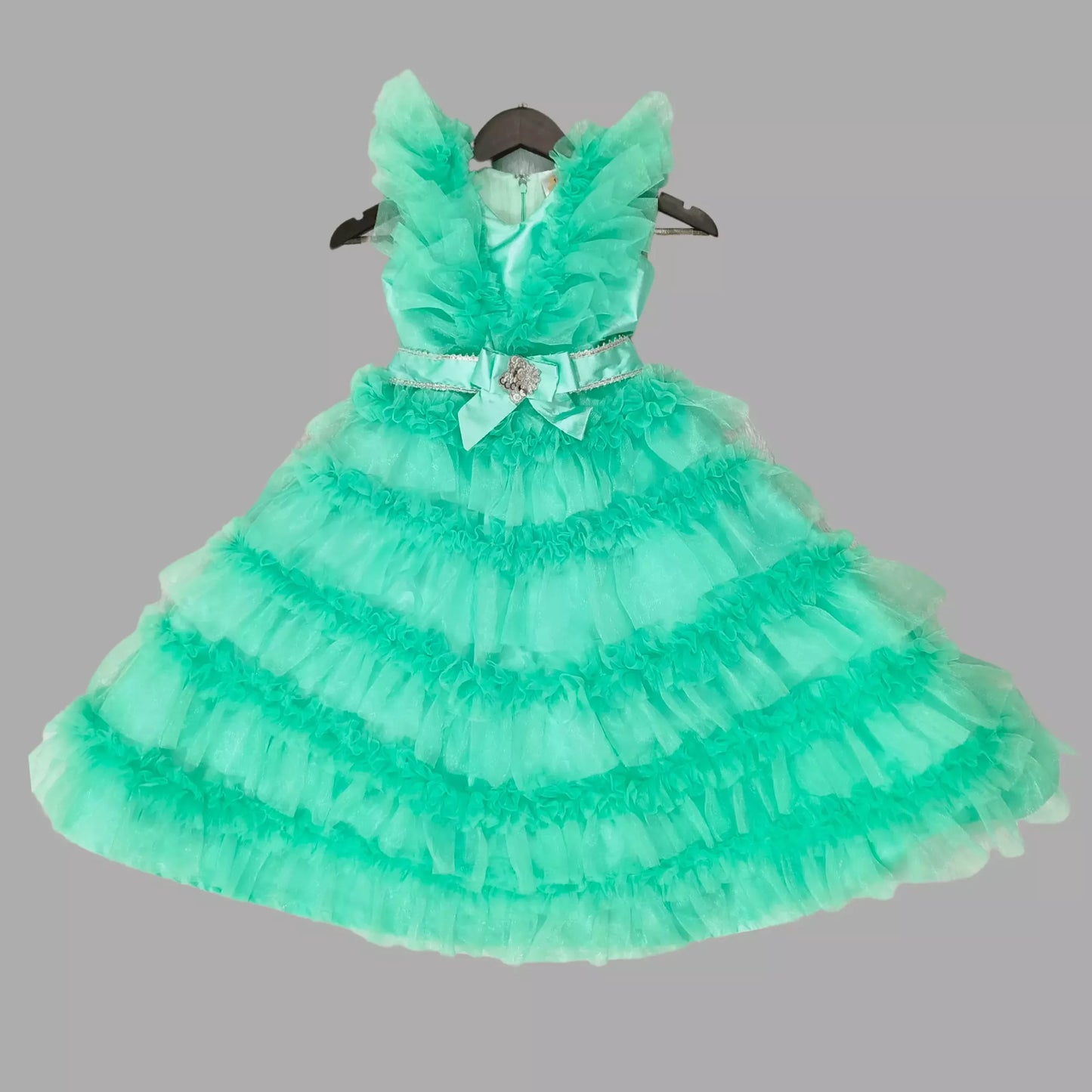 Sea Green Long Gown Adorned With Frill Net image 1