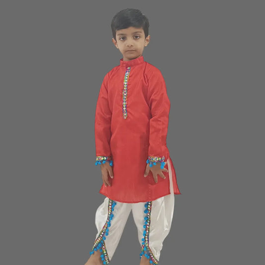 Boys White Tulip Dhoti And Red Kurta Set - Kids Ethnic Wear Ages 1-12 VKbySwati