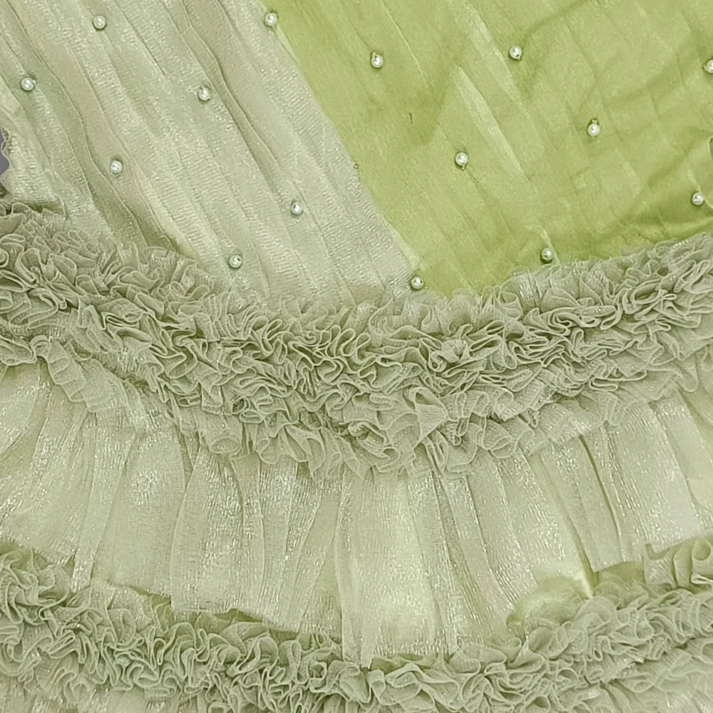 Green One Shoulder Ruffle Layered Long Gown With Moti Work image 3