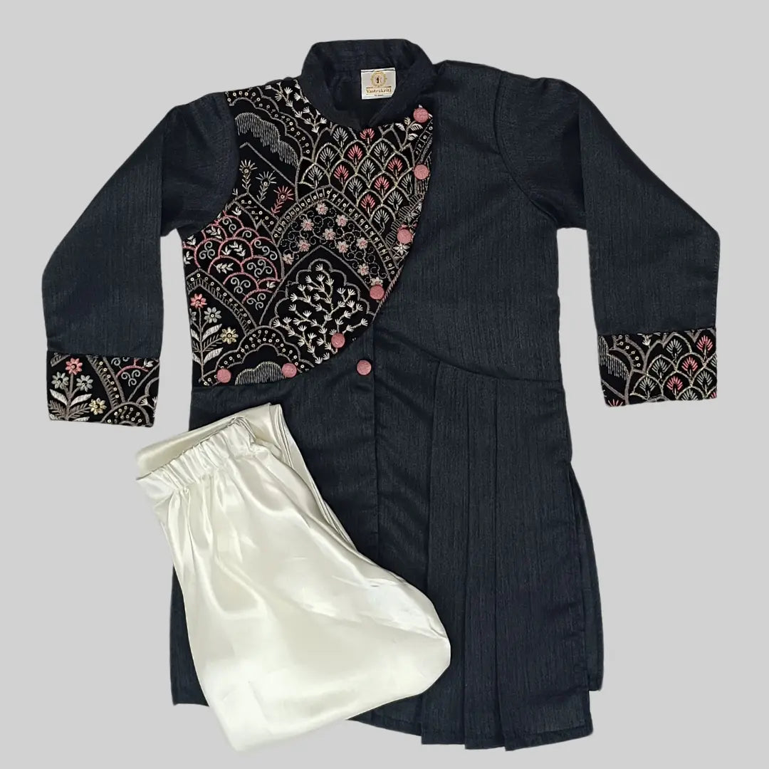 Black Embroidered Silk Kurta & Dhoti For Boys image 2