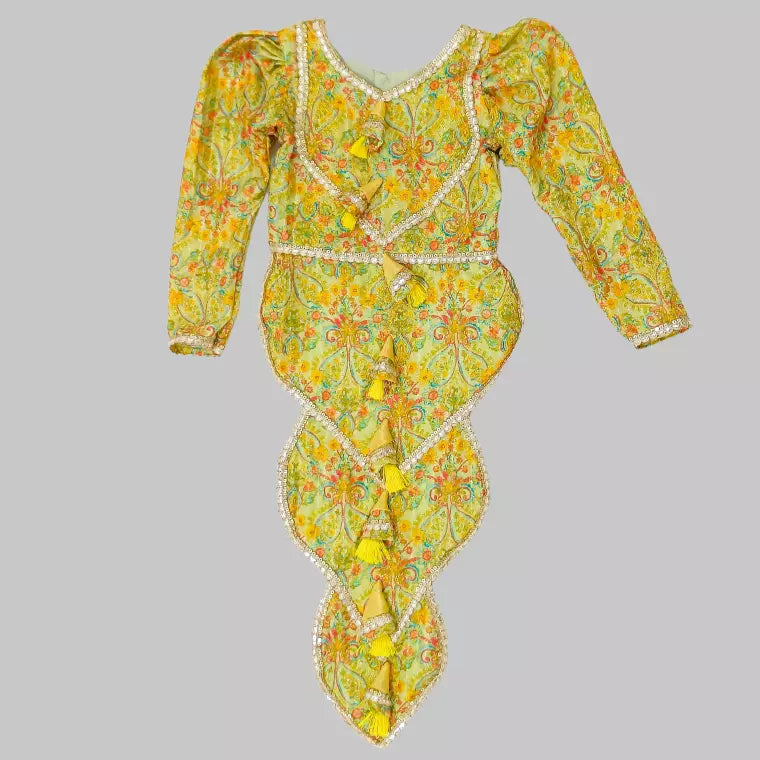 Yellow Printed Silk Kurti With Ruffle Layered Lehenga image 3