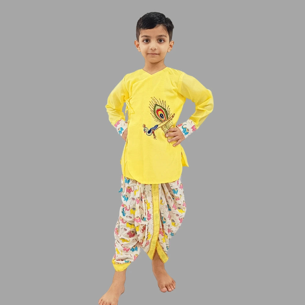 Yellow Morpankh Embroidered Kurta And Animal Print Dhoti Set image 0