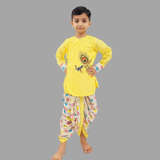 Boys Yellow Morpankh Embroidered Kurta And Animal Print Dhoti - Kids Ethnic Wear VKbySwati