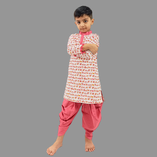 Boys Pink Animal Print Dhoti With Printed Kurta - Kids Ethnic Wear Ages 1-12 VKbySwati