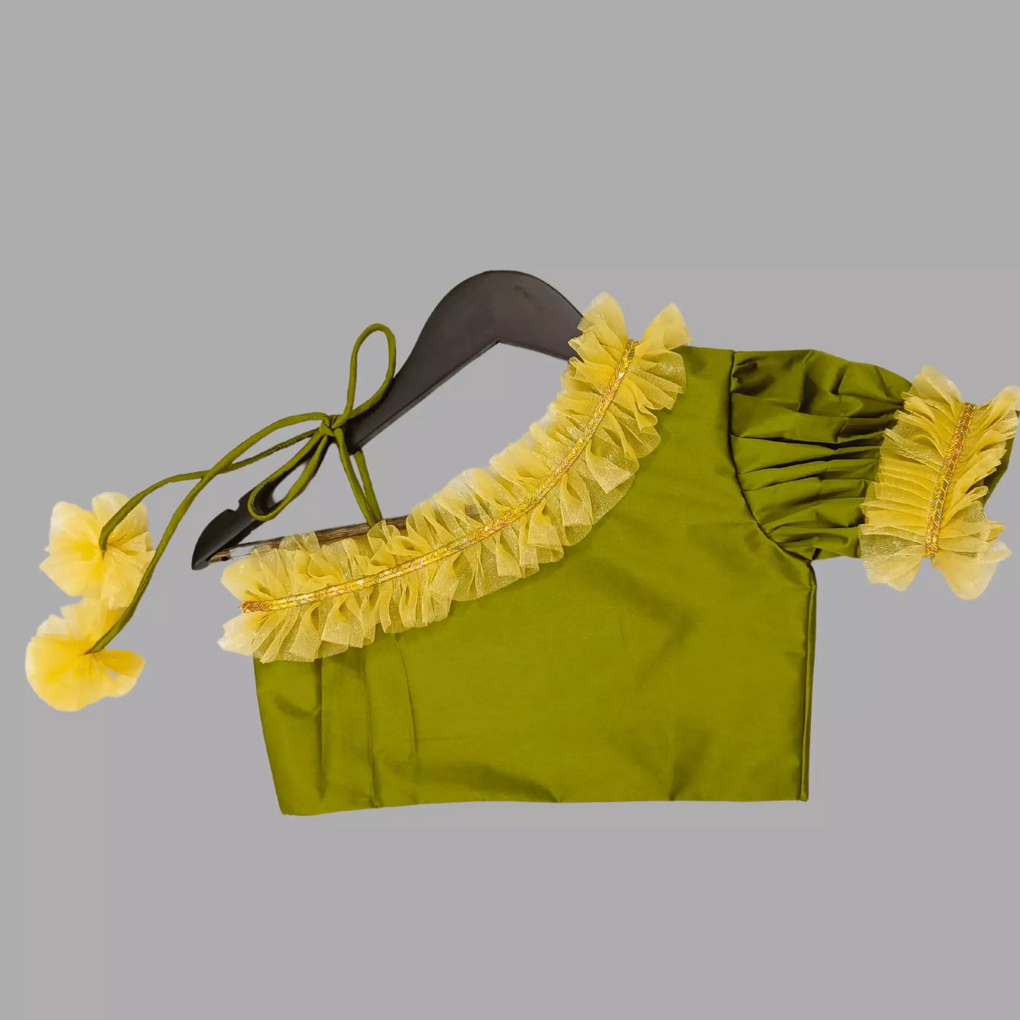 Green One Shoulder Crop Top & Lehenga image 1