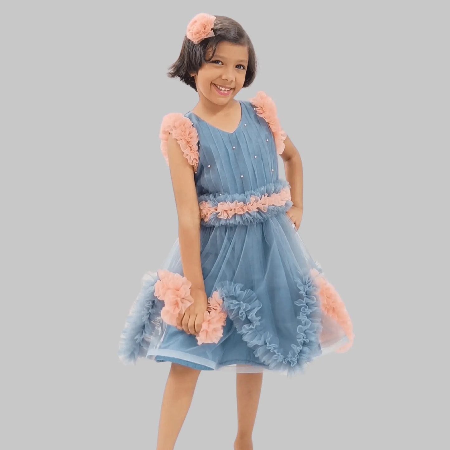 Grey Frock With Flowers Embellished Long Trail image 6