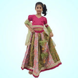 Pink Puff Sleeves Top And Multicolor Lehenga With Dupatta & Potli Bag image 0