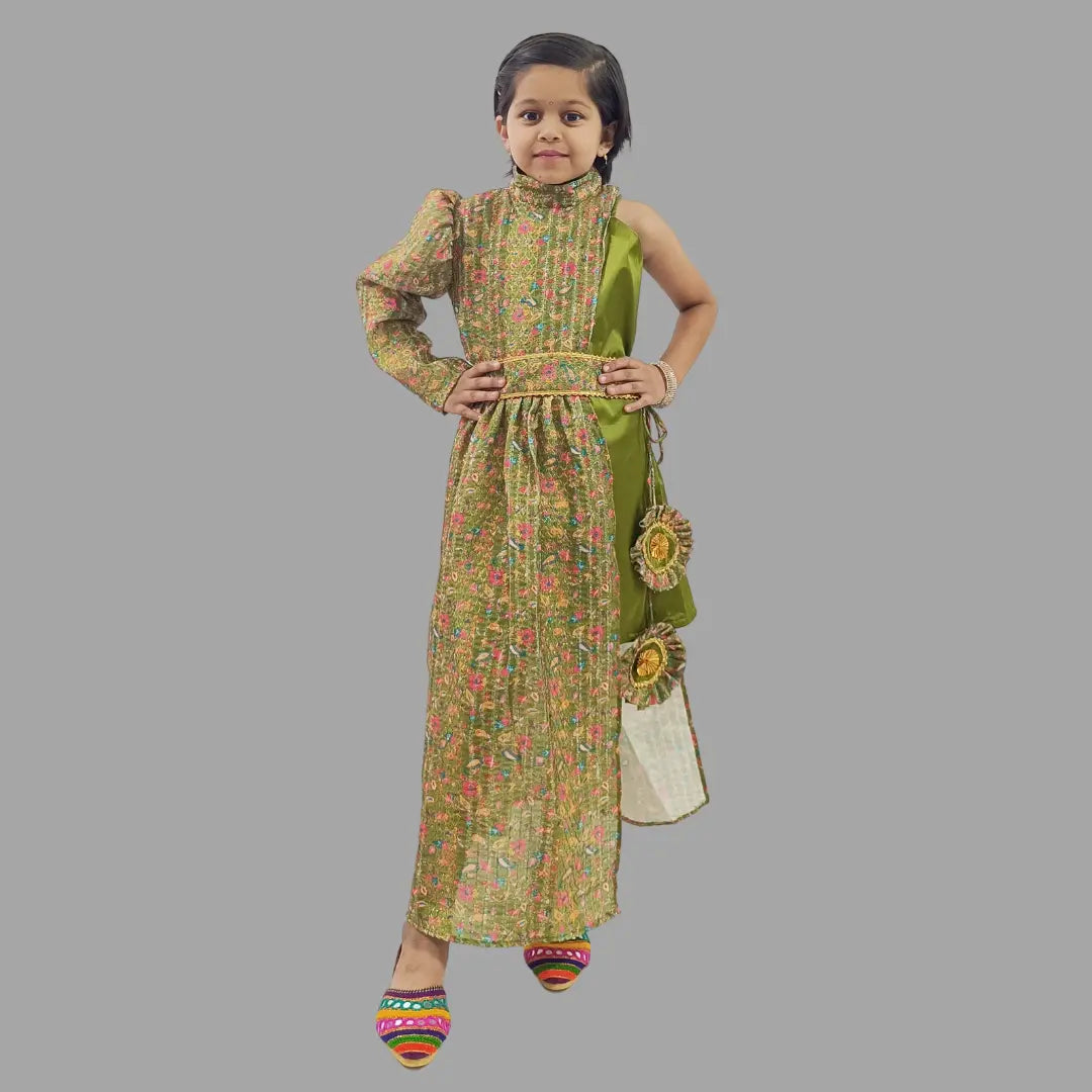 Green A Line Frock With One Shoulder Silk Jacket image 0