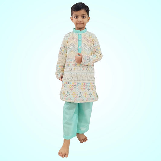 Boys Multicolor Embroidered Kurta And Aqua Blue Pant - Kids Ethnic Wear Ages 1-12 VKbySwati