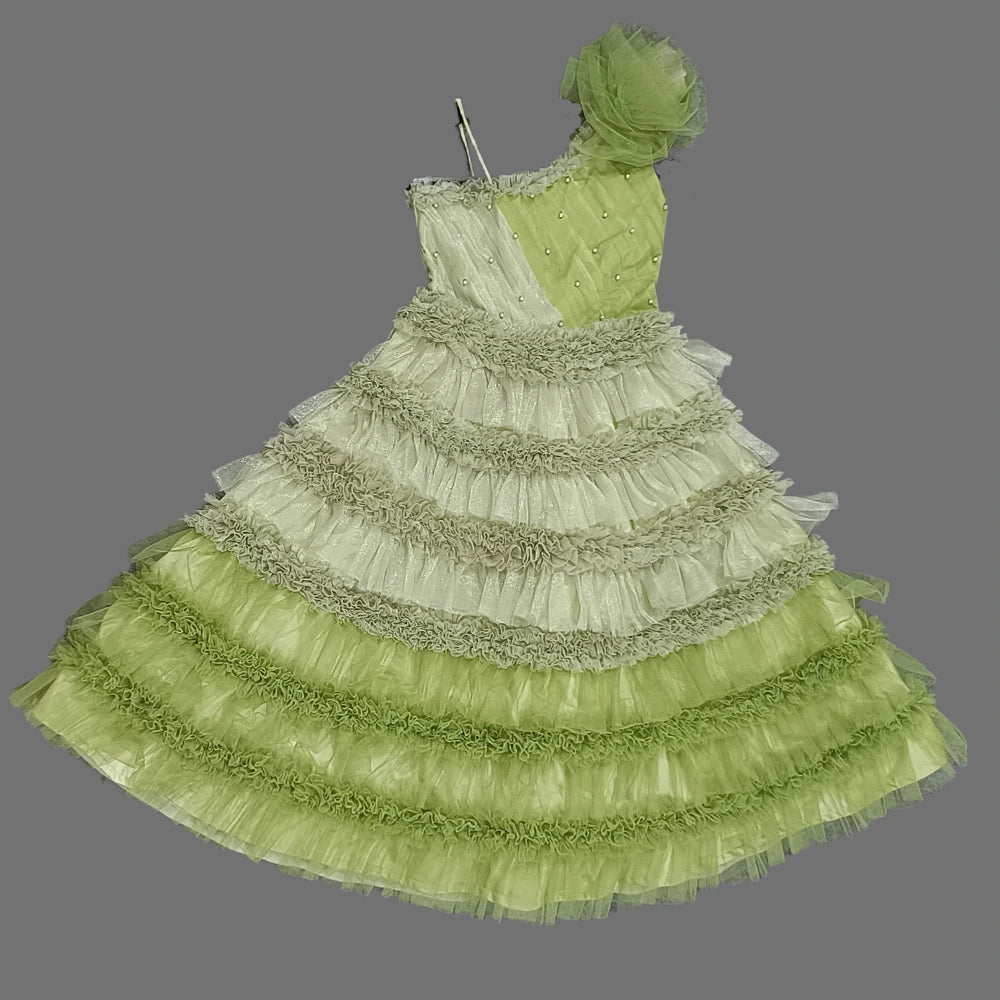 Green One Shoulder Ruffle Layered Long Gown With Moti Work image 2