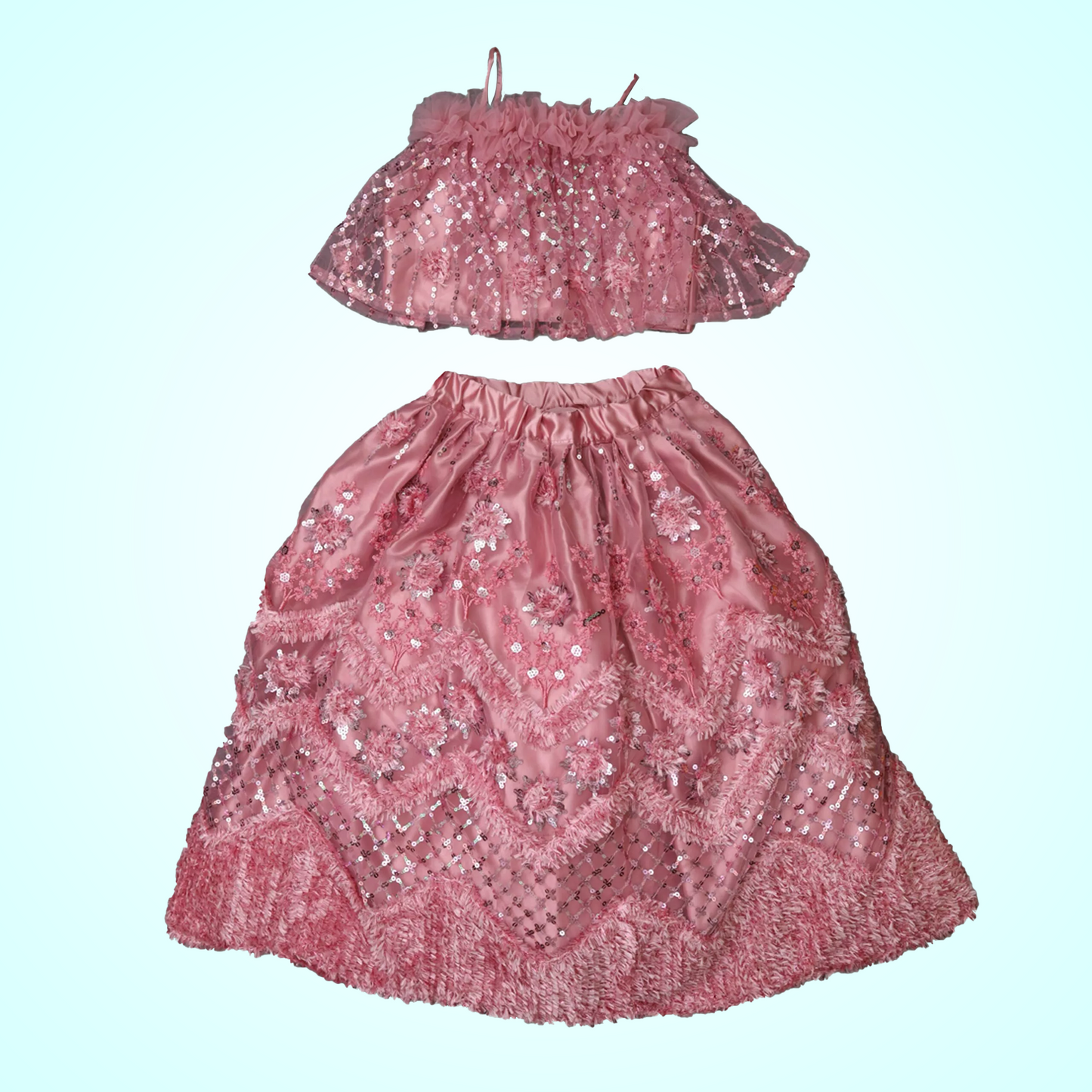 Embroidered Pink Off Shoulder Top And Lehenga With Sequence Work image 3