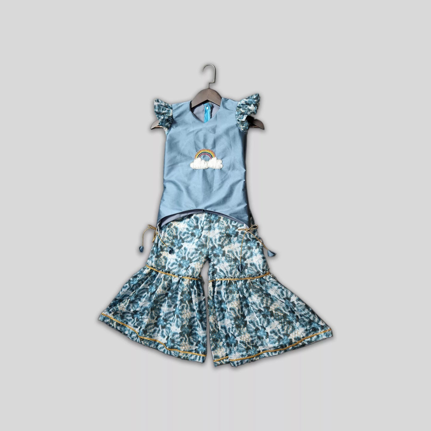 Hand Embroidered Blue A Line Kurti With Dyed Sharara Pant image 3