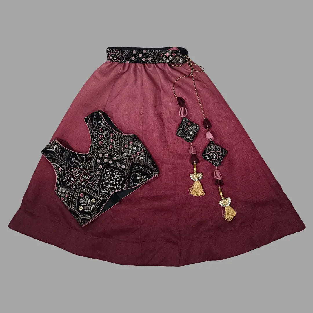 Black Embroidery Crop Top & Maroon Lehenga For Girls image 2