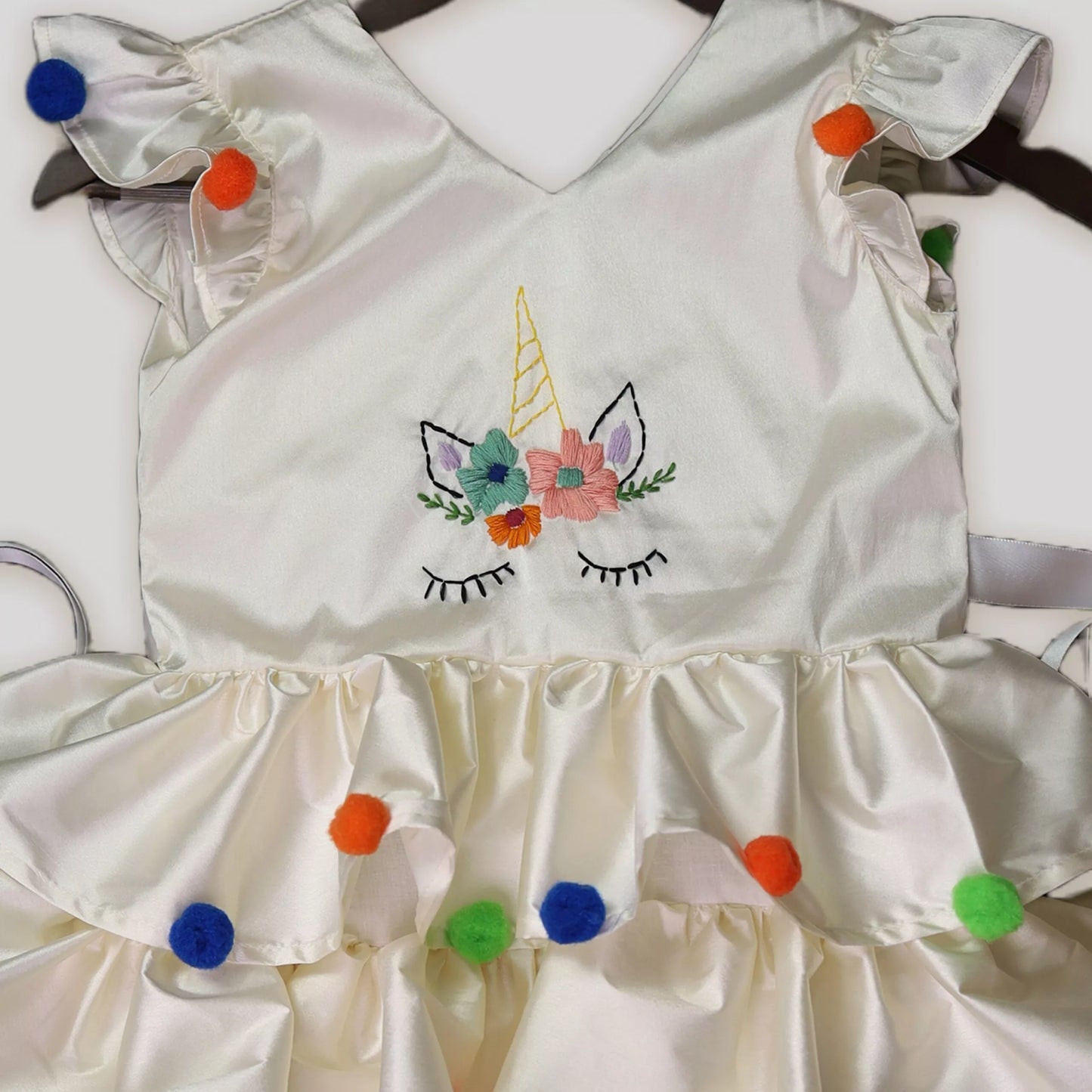 Hand Embroidered Unicorn Ruffle Layered White Frock image 2