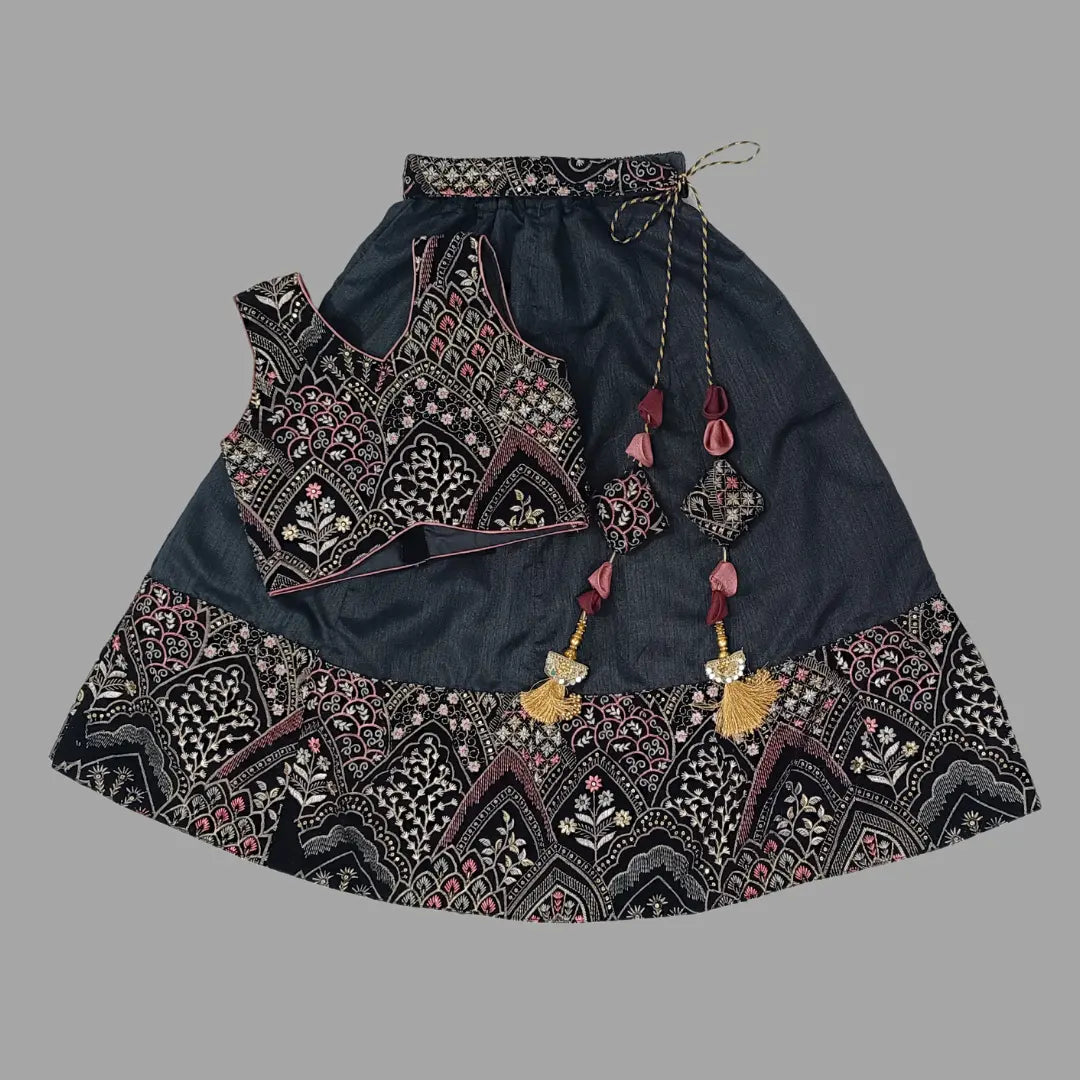 Black Embroidery Crop Top & Lehenga For Girls image 3