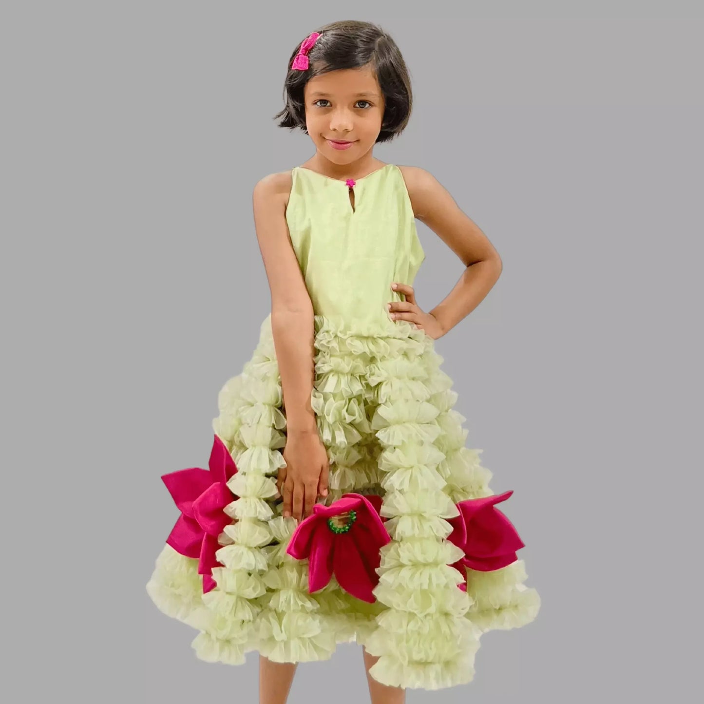 Green Flayered Frock With Pink Flowers Embellished image 2