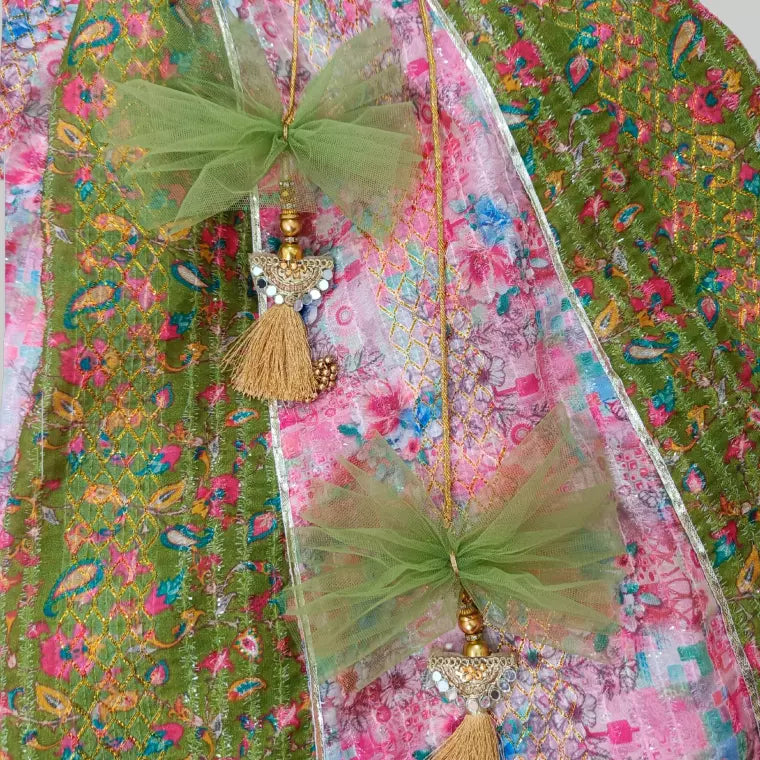 Pink Puff Sleeves Top And Multicolor Lehenga With Dupatta & Potli Bag image 4