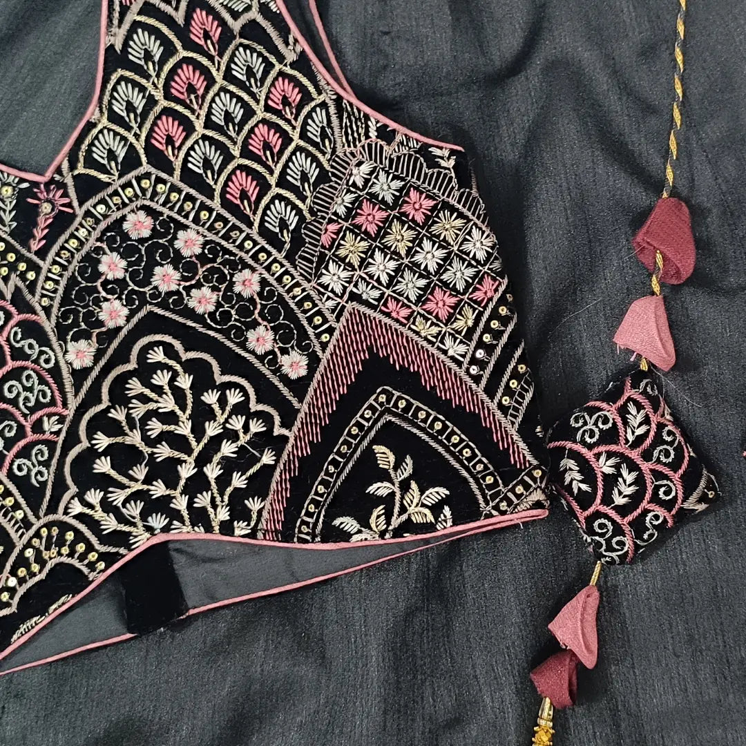 Black Embroidery Crop Top & Lehenga For Girls image 7