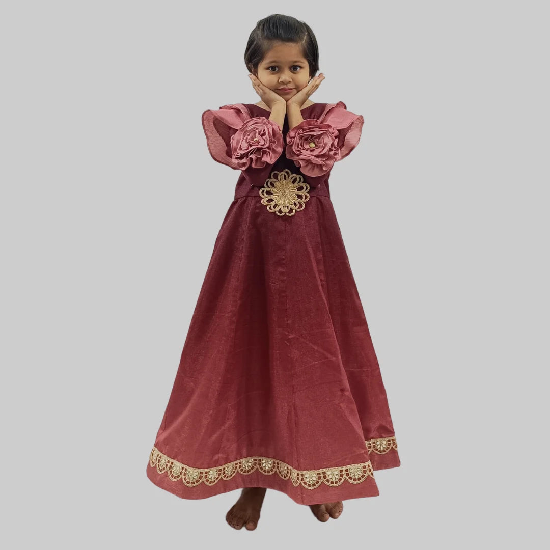 Maroon Long Gown With Flower Embellished On Sleeves For Girls image 1