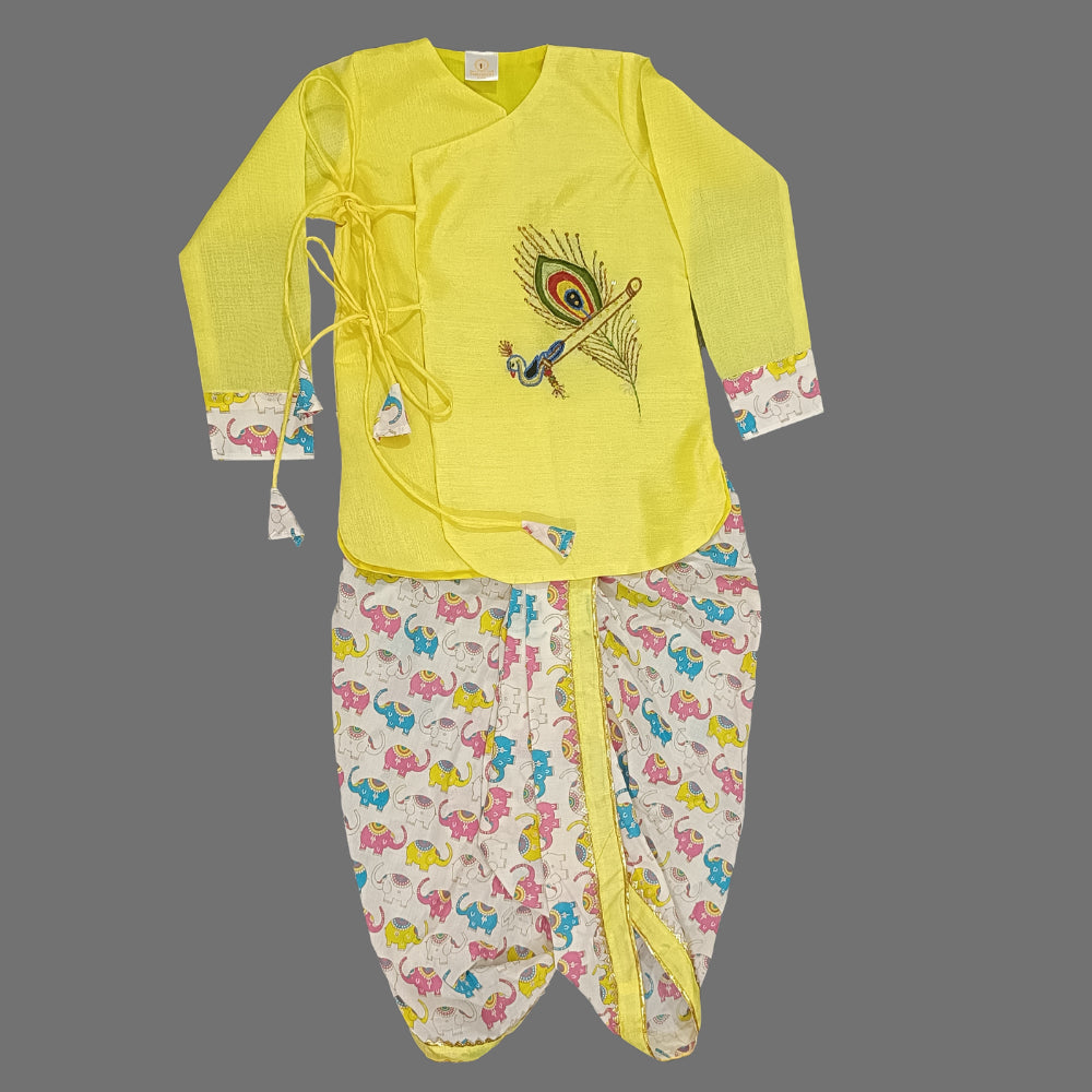 Yellow Morpankh Embroidered Kurta And Animal Print Dhoti Set image 1