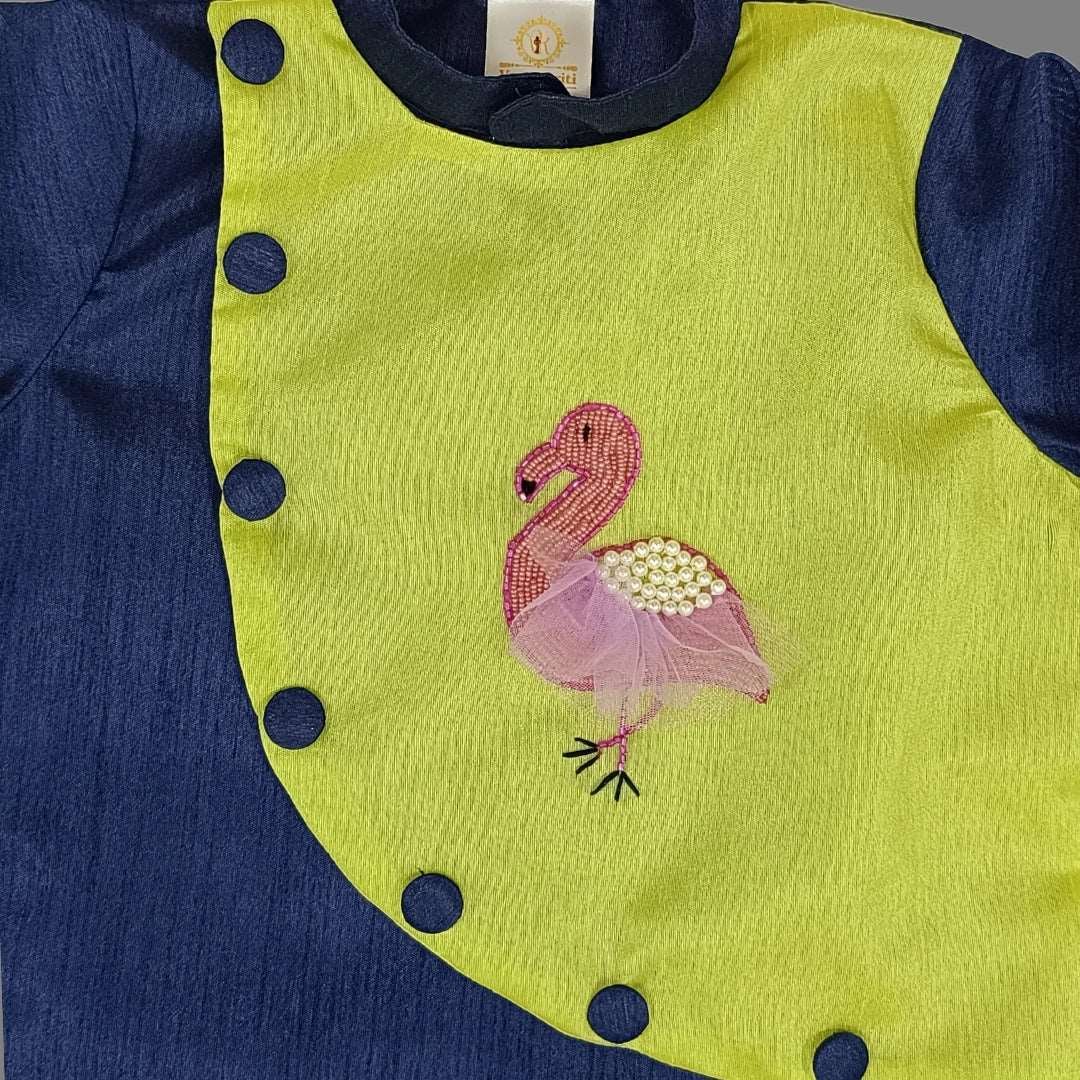 Navy Blue Flamingo Embroidered Kurta And Pant For Boys image 1