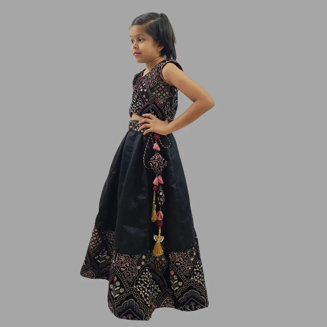 Black Embroidery Crop Top & Lehenga For Girls image 1