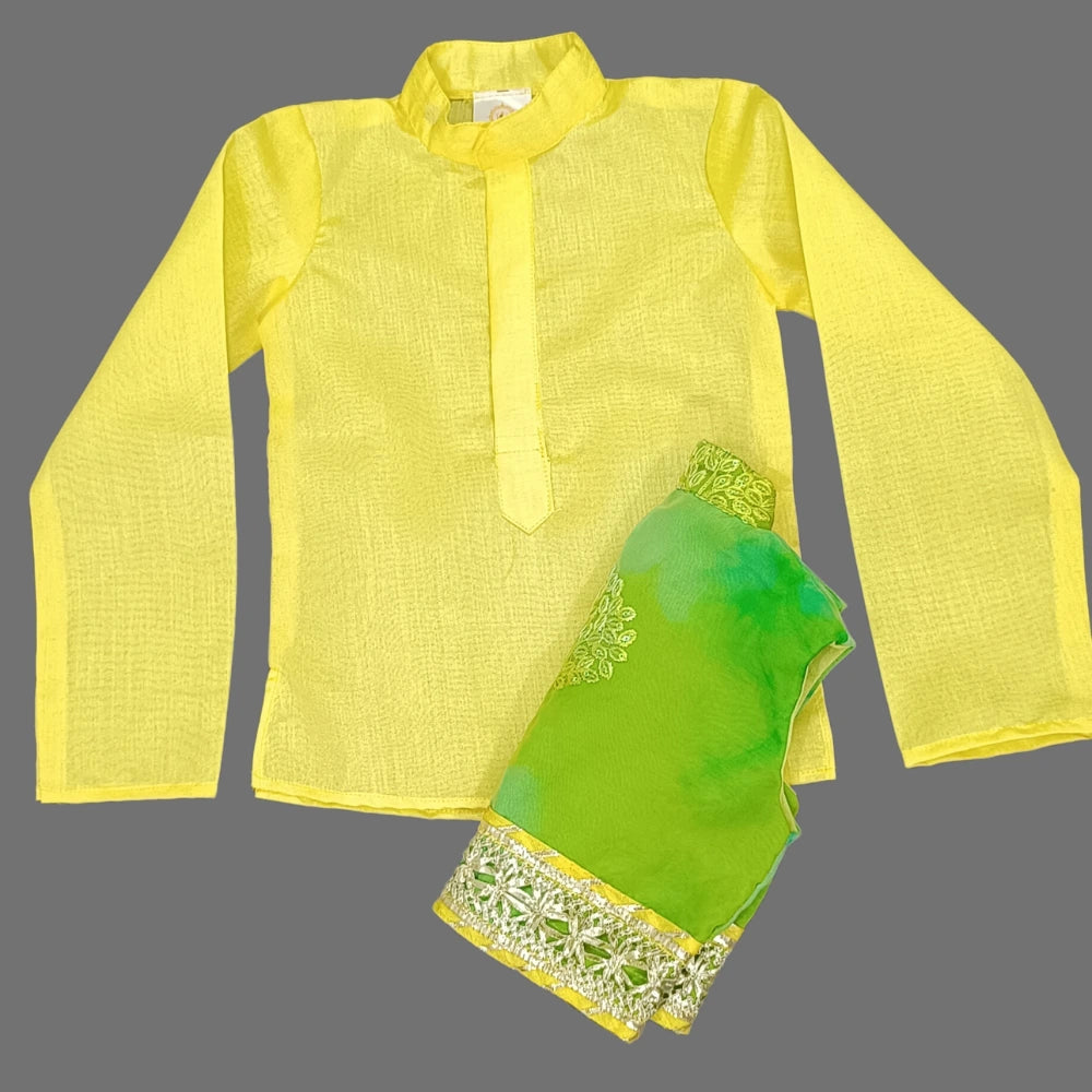 Yellow Kurta And Pant With Green Jacket