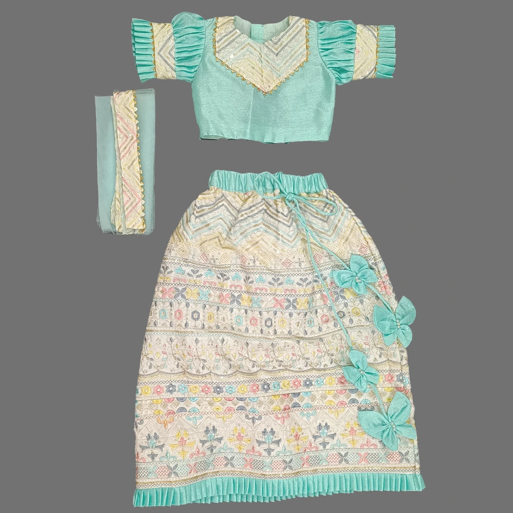 Multicolor Embroidered Lehenga And Aqua Blue Crop Top With Dupatta