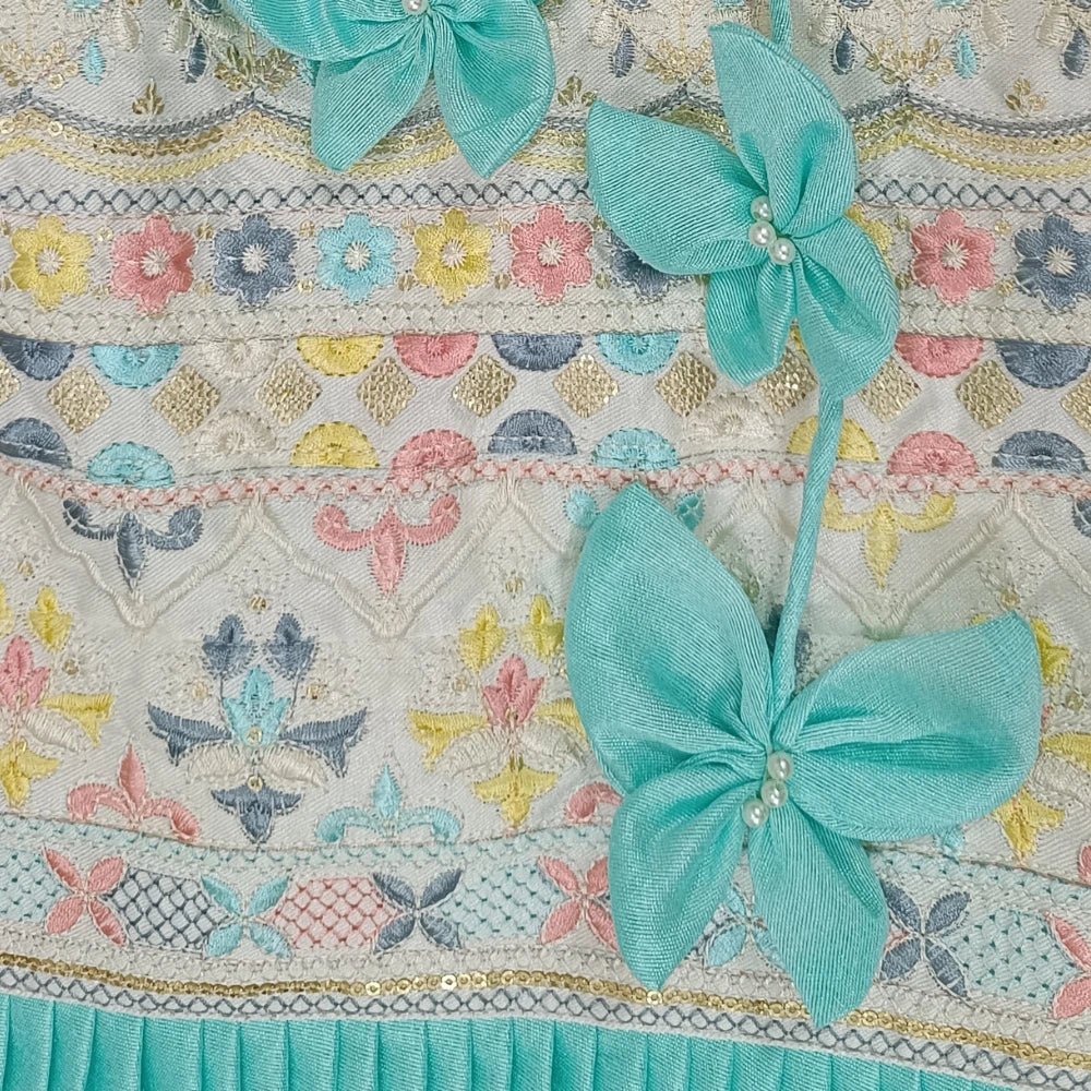 Multicolor Embroidered Lehenga And Aqua Blue Crop Top With Dupatta