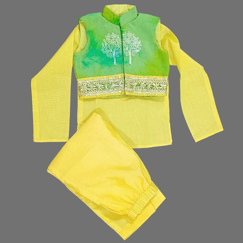 Yellow Kurta And Pant With Green Jacket