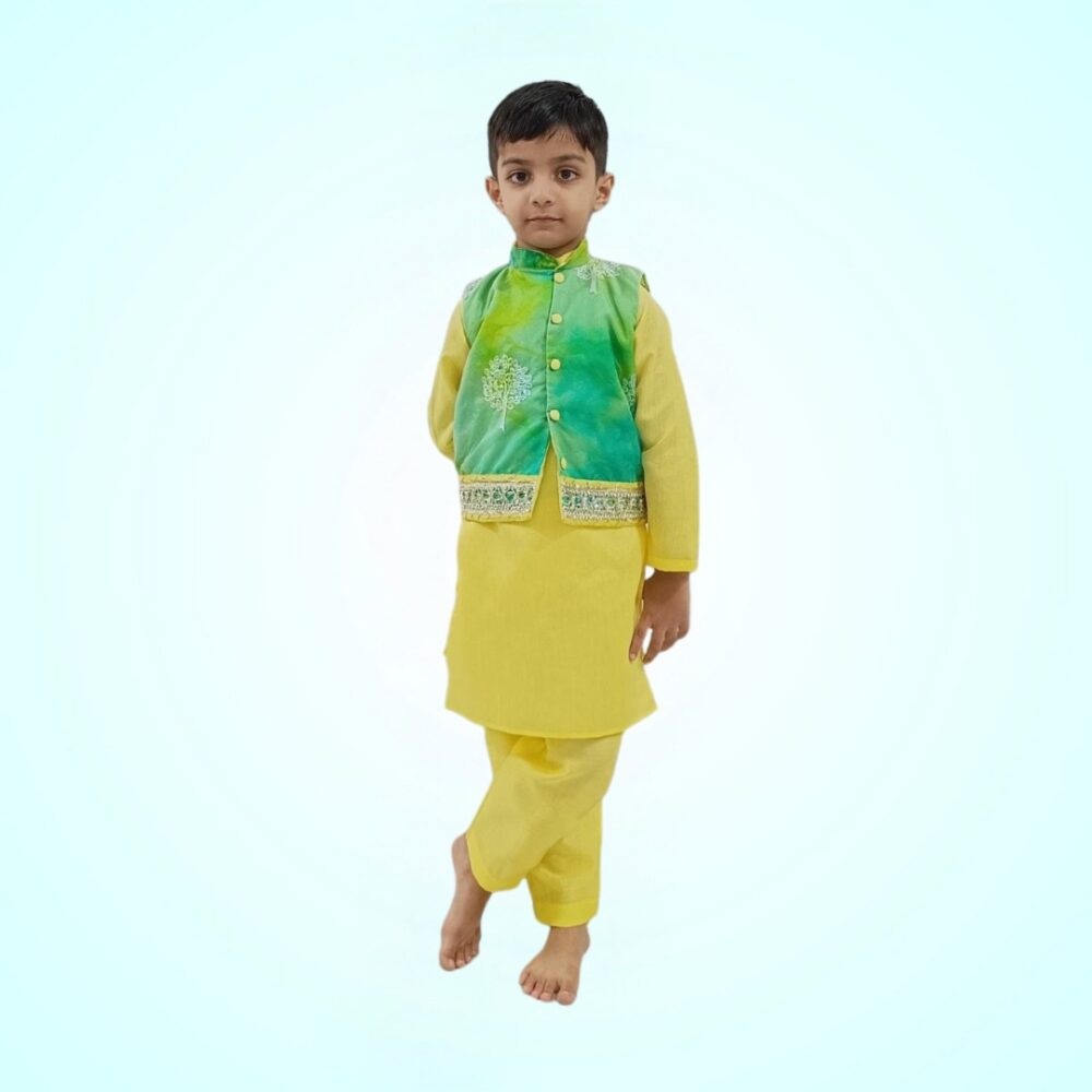 Yellow Kurta And Pant With Green Jacket
