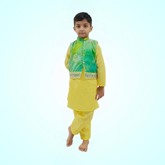 Boys Yellow Kurta Pant With Green Jacket - Kids Ethnic Wear Ages 1-12 Years - VKbySwati