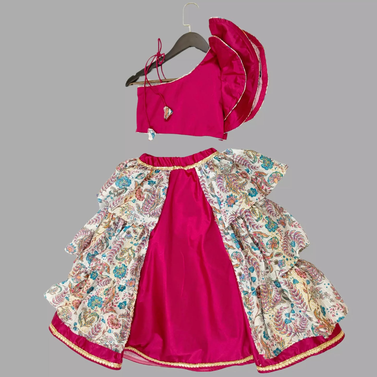 Pink One Shoulder Crop Top & Lehenga image 3