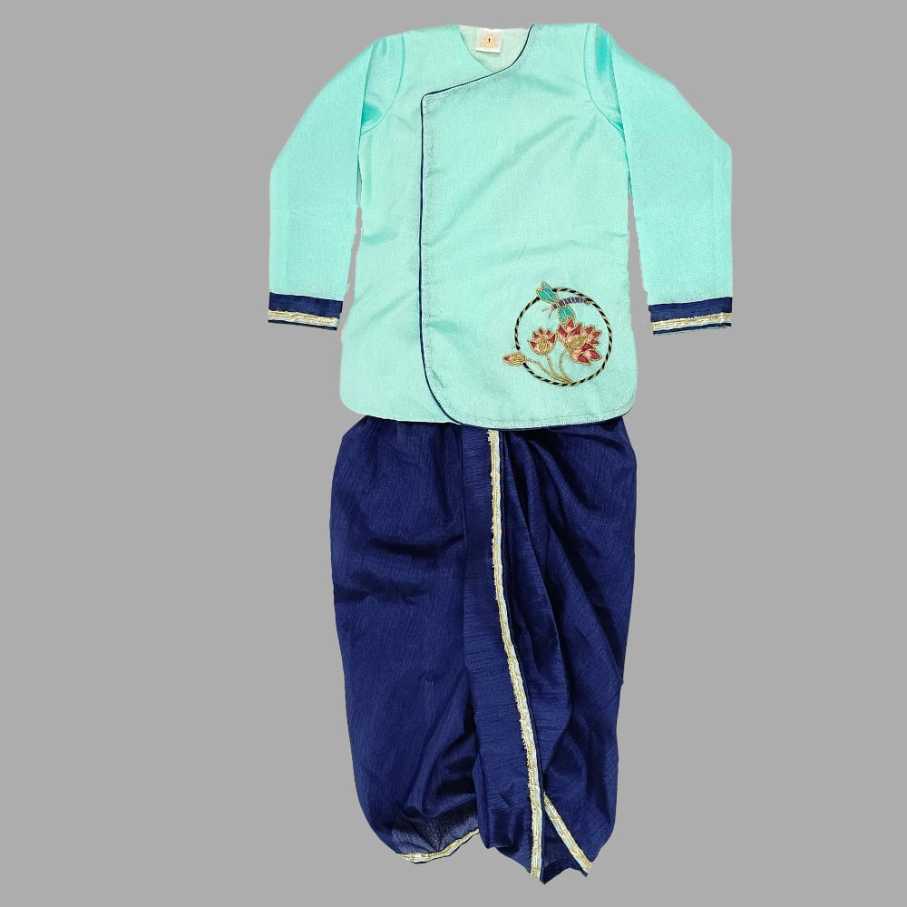 Lotus Embroidered Blue Kurta And Dhoti image 1