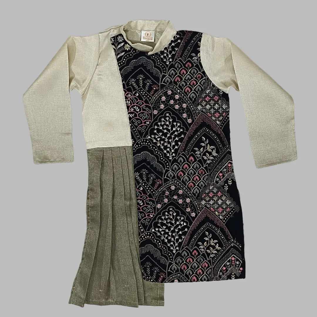 Grey Embroidered Silk Kurta & Dhoti Pant For Boys image 3