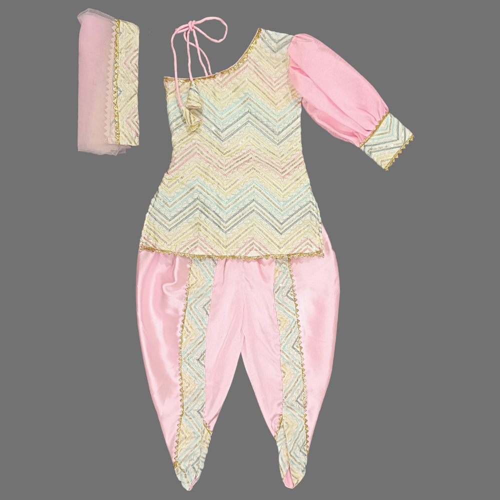 Pink One Shoulder Puff Sleeves Kurta And Tulip Pant With Dupatta image 1