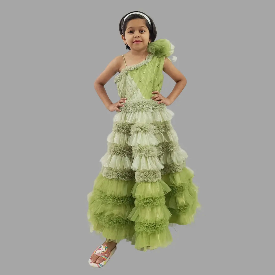 Green One Shoulder Ruffle Layered Long Gown With Moti Work image 1