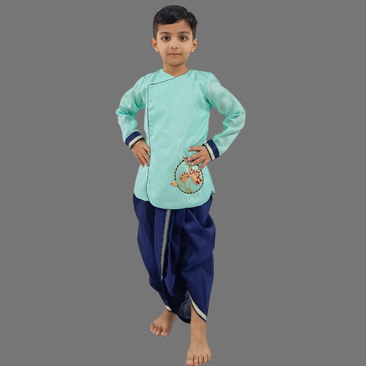 Boys Blue Lotus Embroidered Kurta And Dhoti Set - Kids Ethnic Wear Ages 1-12 VKbySwati