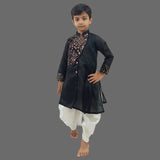 Black Embroidered Silk Kurta & Dhoti For Boys image 0
