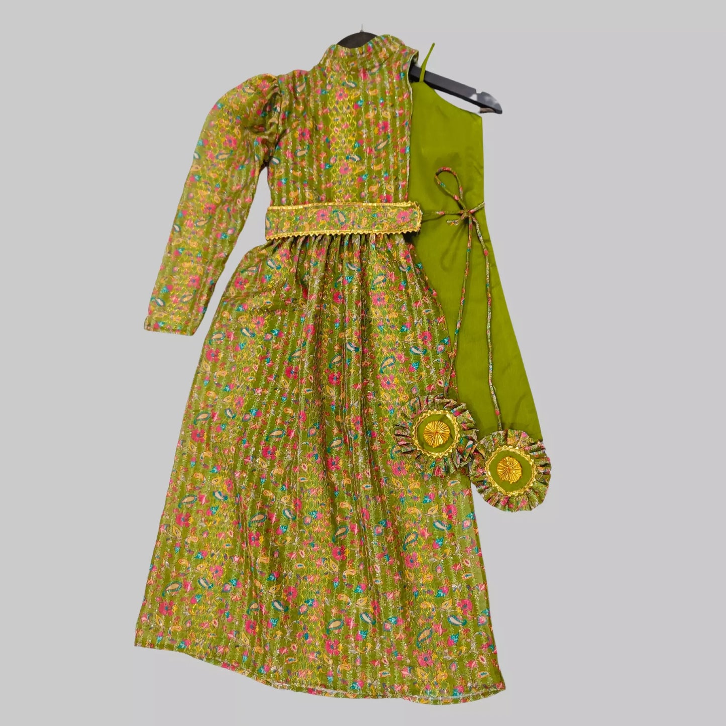 Green A Line Frock With One Shoulder Silk Jacket image 1