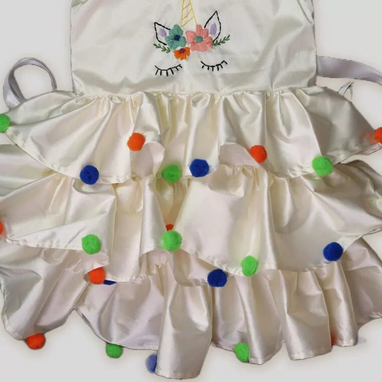 Hand Embroidered Unicorn Ruffle Layered White Frock image 1