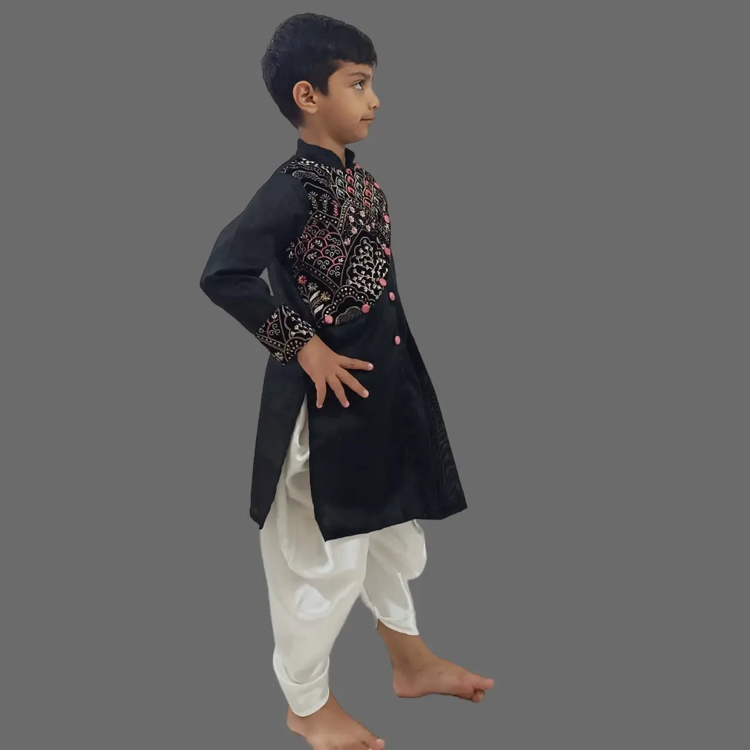 Black Embroidered Silk Kurta & Dhoti For Boys image 1