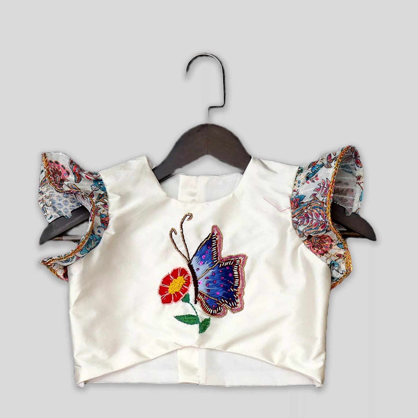 Butterfly Embroidered Crop Top And Handkerchief Printed Lehenga with Gota Work image 1