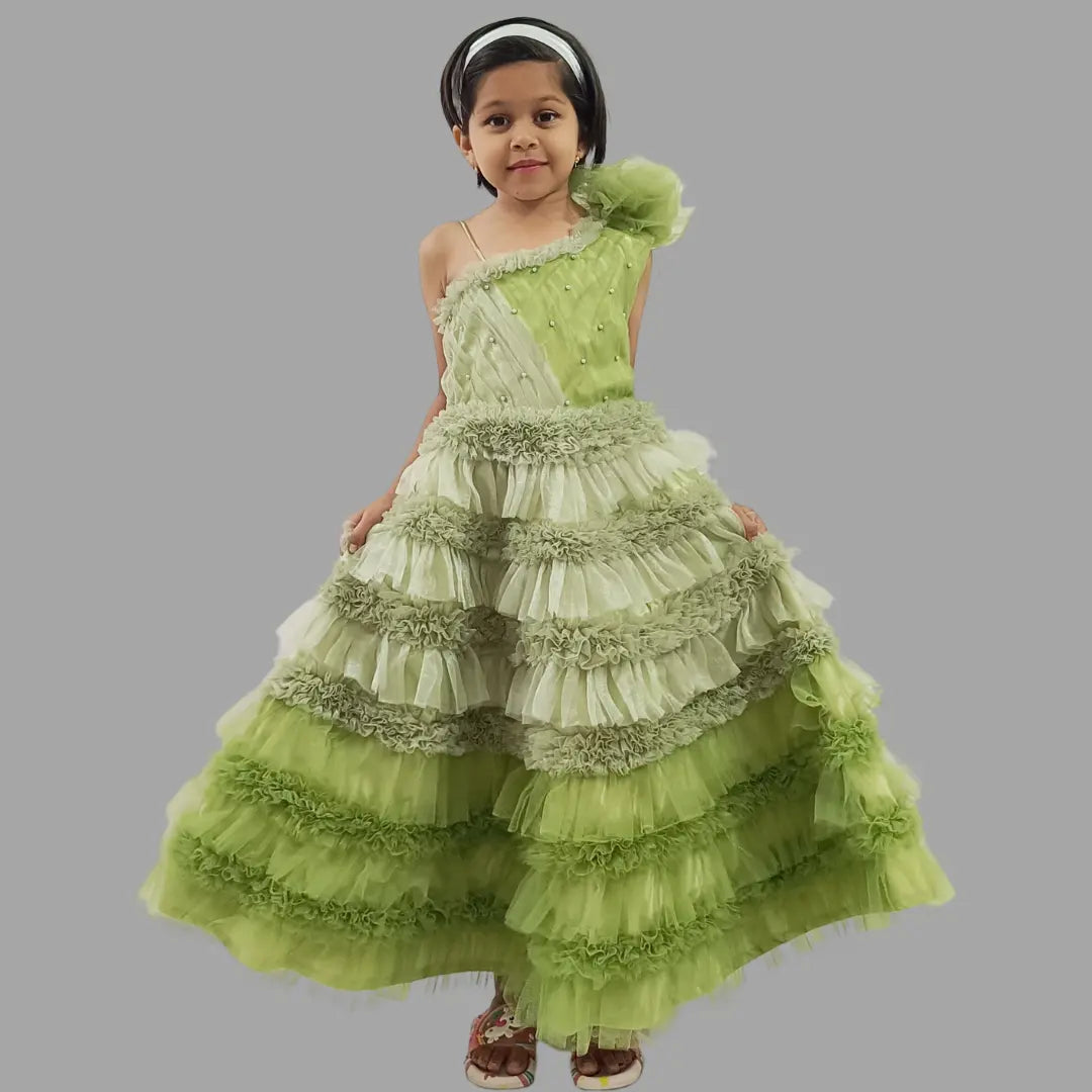 Green One Shoulder Ruffle Layered Long Gown With Moti Work image 0