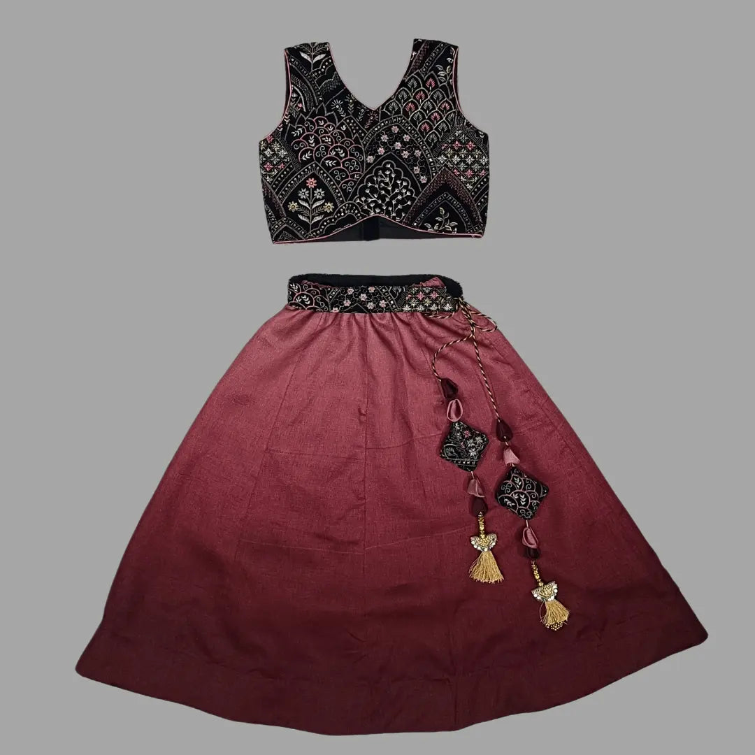 Black Embroidery Crop Top & Maroon Lehenga For Girls image 1